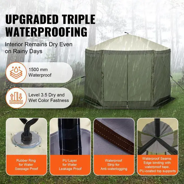 Alt view image 3 of 7 - Pop Up Gazebo Tent, Pop-Up Screen Tent 6 Sided Canopy Sun Shelter with 6 Removable Privacy Wind Cloths & Mesh Windows, 10x10FT Quick Set Screen Tent with Mosquito Netting, Army Green