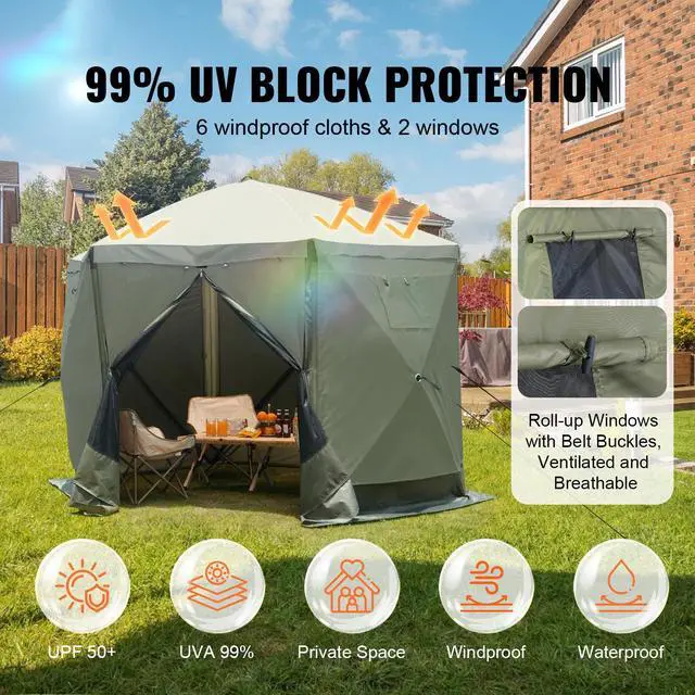 Alt view image 2 of 7 - Pop Up Gazebo Tent, Pop-Up Screen Tent 6 Sided Canopy Sun Shelter with 6 Removable Privacy Wind Cloths & Mesh Windows, 10x10FT Quick Set Screen Tent with Mosquito Netting, Army Green