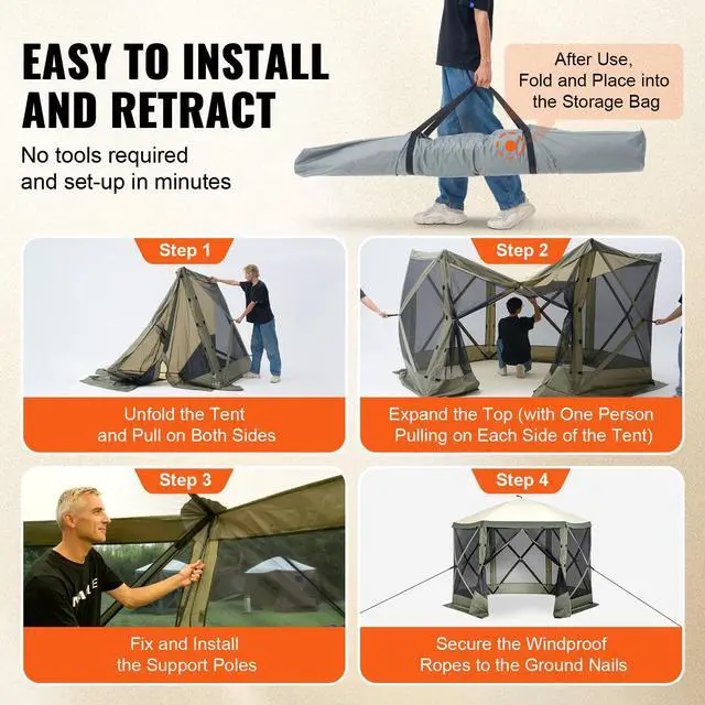 Alt view image 5 of 7 - Pop Up Gazebo Tent, Pop-Up Screen Tent 6 Sided Canopy Sun Shelter with 6 Removable Privacy Wind Cloths & Mesh Windows, 10x10FT Quick Set Screen Tent with Mosquito Netting, Army Green