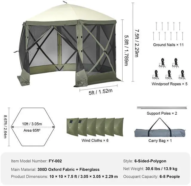Alt view image 7 of 7 - Pop Up Gazebo Tent, Pop-Up Screen Tent 6 Sided Canopy Sun Shelter with 6 Removable Privacy Wind Cloths & Mesh Windows, 10x10FT Quick Set Screen Tent with Mosquito Netting, Army Green