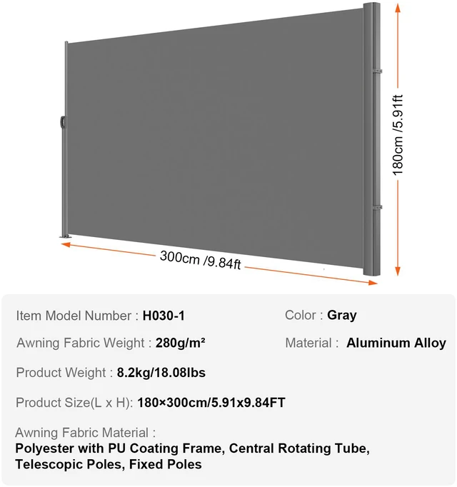 Alt view image 7 of 8 - Retractable Side Awning, 71''x 118'' Aluminum Outdoor Privacy Screen, 280g Polyester Water-proof Retractable Patio Screen, UV 30+ Room Divider Wind Screen for Patio, Backyard, Balcony, Gray