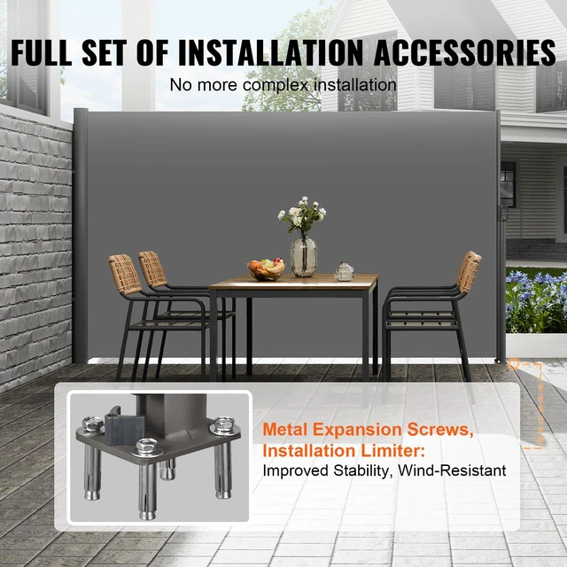 Alt view image 4 of 8 - Retractable Side Awning, 71''x 118'' Aluminum Outdoor Privacy Screen, 280g Polyester Water-proof Retractable Patio Screen, UV 30+ Room Divider Wind Screen for Patio, Backyard, Balcony, Gray