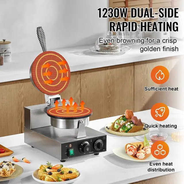 Alt view image 2 of 7 - Electric Ice Cream Cone Maker, Commercial 1230W Waffle Cone Machine, Non-Stick Stainless Steel Egg Roll Mold, with Temperature and Time Control, Handle, for Restaurant Bakery Snack Bar Family