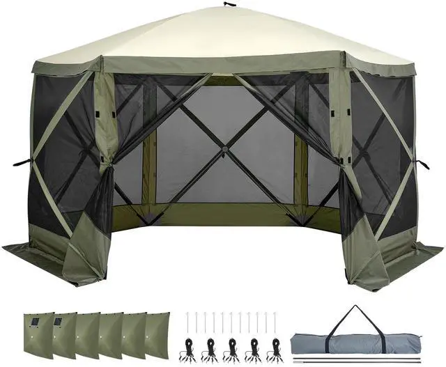 Main image of Pop Up Gazebo Tent, Pop-Up Screen Tent 6 Sided Canopy Sun Shelter with 6 Removable Privacy Wind Cloths & Mesh Windows, 12x12FT Quick Set Screen Tent with Mosquito Netting, Army Green