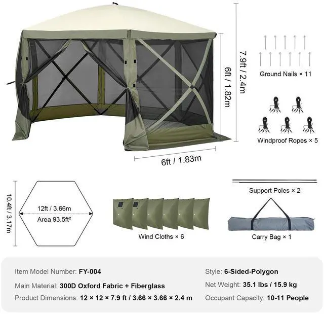 Alt view image 7 of 7 - Pop Up Gazebo Tent, Pop-Up Screen Tent 6 Sided Canopy Sun Shelter with 6 Removable Privacy Wind Cloths & Mesh Windows, 12x12FT Quick Set Screen Tent with Mosquito Netting, Army Green