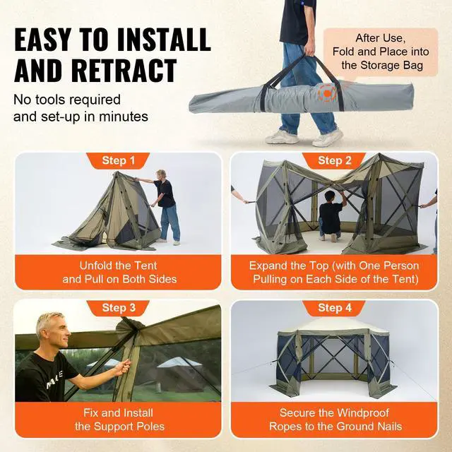 Alt view image 5 of 7 - Pop Up Gazebo Tent, Pop-Up Screen Tent 6 Sided Canopy Sun Shelter with 6 Removable Privacy Wind Cloths & Mesh Windows, 12x12FT Quick Set Screen Tent with Mosquito Netting, Army Green