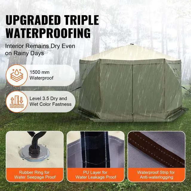 Alt view image 3 of 7 - Pop Up Gazebo Tent, Pop-Up Screen Tent 6 Sided Canopy Sun Shelter with 6 Removable Privacy Wind Cloths & Mesh Windows, 12x12FT Quick Set Screen Tent with Mosquito Netting, Army Green