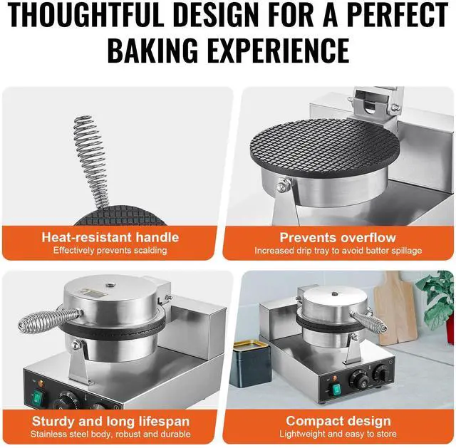 Alt view image 5 of 7 - Electric Ice Cream Cone Maker, Commercial 1230W Waffle Cone Machine, Non-Stick Stainless Steel Egg Roll Mold, with Temperature and Time Control, Handle, for Restaurant Bakery Snack Bar Family