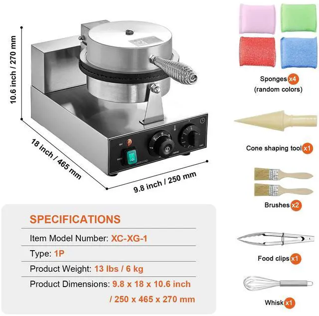 Alt view image 7 of 7 - Electric Ice Cream Cone Maker, Commercial 1230W Waffle Cone Machine, Non-Stick Stainless Steel Egg Roll Mold, with Temperature and Time Control, Handle, for Restaurant Bakery Snack Bar Family