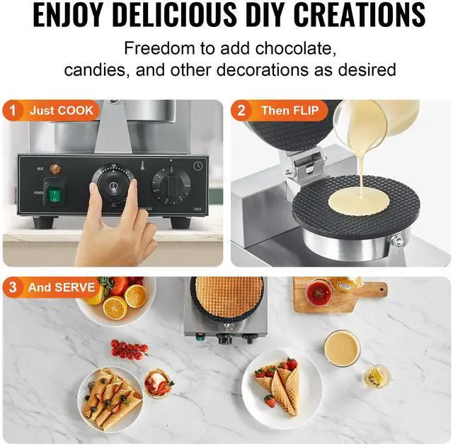 Alt view image 6 of 7 - Electric Ice Cream Cone Maker, Commercial 1230W Waffle Cone Machine, Non-Stick Stainless Steel Egg Roll Mold, with Temperature and Time Control, Handle, for Restaurant Bakery Snack Bar Family