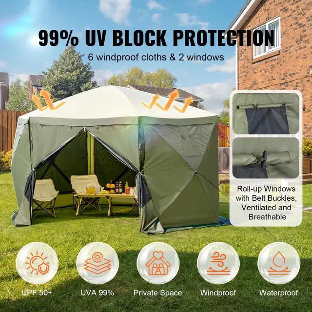 Alt view image 2 of 7 - Pop Up Gazebo Tent, Pop-Up Screen Tent 6 Sided Canopy Sun Shelter with 6 Removable Privacy Wind Cloths & Mesh Windows, 12x12FT Quick Set Screen Tent with Mosquito Netting, Army Green