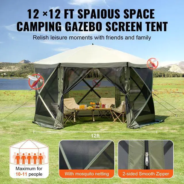 Alt view image 6 of 7 - Pop Up Gazebo Tent, Pop-Up Screen Tent 6 Sided Canopy Sun Shelter with 6 Removable Privacy Wind Cloths & Mesh Windows, 12x12FT Quick Set Screen Tent with Mosquito Netting, Army Green