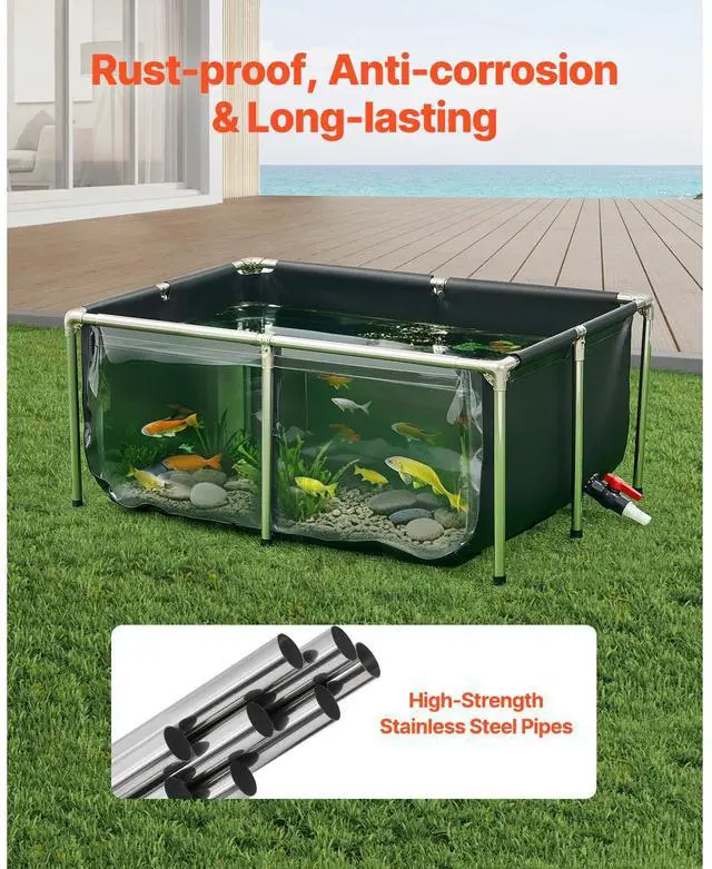 Alt view image 4 of 7 - Canvas Fish Pond, 126.8 Gal Above Ground Fish Pond, PVC Koi Tank with Clear Viewing Panel, Rectangular Goldfish Tank with Stainless Steel Frame & Drain Valve, for Breeding Koi, Irrigation(Black)