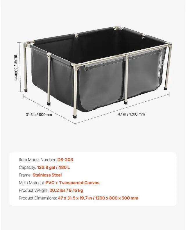 Alt view image 7 of 7 - Canvas Fish Pond, 126.8 Gal Above Ground Fish Pond, PVC Koi Tank with Clear Viewing Panel, Rectangular Goldfish Tank with Stainless Steel Frame & Drain Valve, for Breeding Koi, Irrigation(Black)