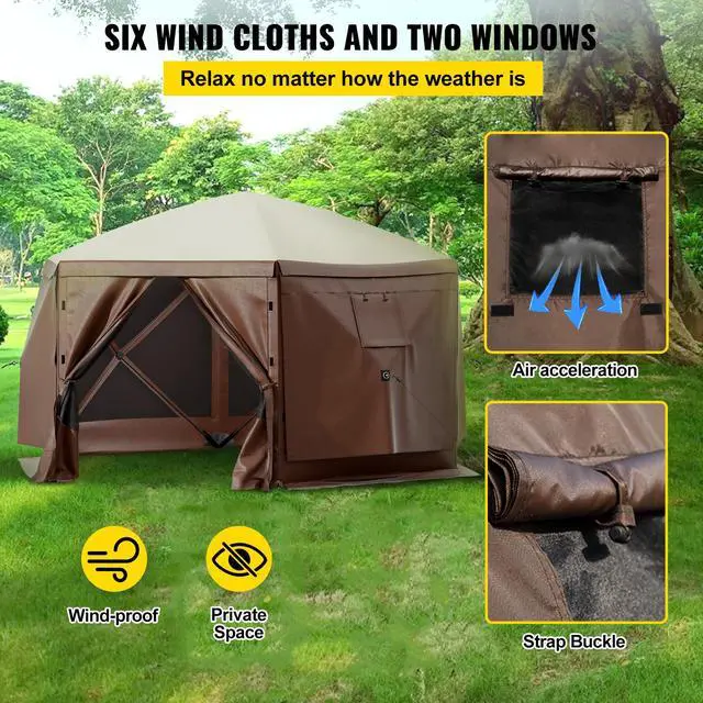 Alt view image 3 of 7 - Gazebo Screen Tent, 12 x 12 ft, 6 Sided Pop-up Camping Canopy Shelter Tent with Mesh Windows, Portable Carry Bag, Ground Stakes, Large Shade Tents for Outdoor Camping, Lawn and Backyard