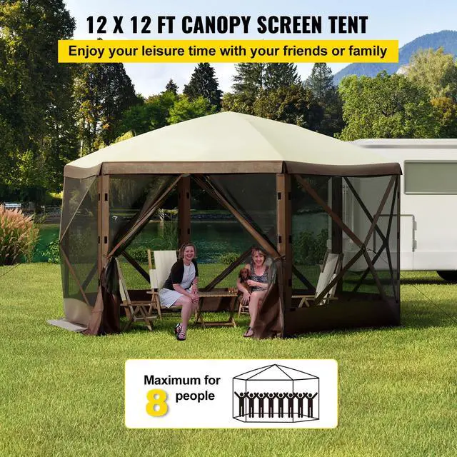 Alt view image 2 of 7 - Gazebo Screen Tent, 12 x 12 ft, 6 Sided Pop-up Camping Canopy Shelter Tent with Mesh Windows, Portable Carry Bag, Ground Stakes, Large Shade Tents for Outdoor Camping, Lawn and Backyard