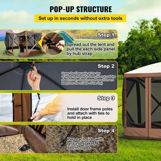 Alt view image 4 of 7 - Gazebo Screen Tent, 12 x 12 ft, 6 Sided Pop-up Camping Canopy Shelter Tent with Mesh Windows, Portable Carry Bag, Ground Stakes, Large Shade Tents for Outdoor Camping, Lawn and Backyard
