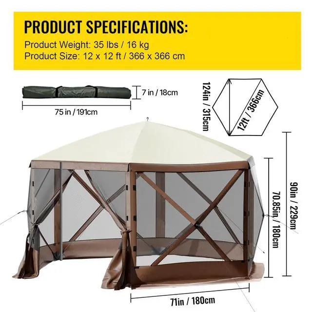 Alt view image 7 of 7 - Gazebo Screen Tent, 12 x 12 ft, 6 Sided Pop-up Camping Canopy Shelter Tent with Mesh Windows, Portable Carry Bag, Ground Stakes, Large Shade Tents for Outdoor Camping, Lawn and Backyard