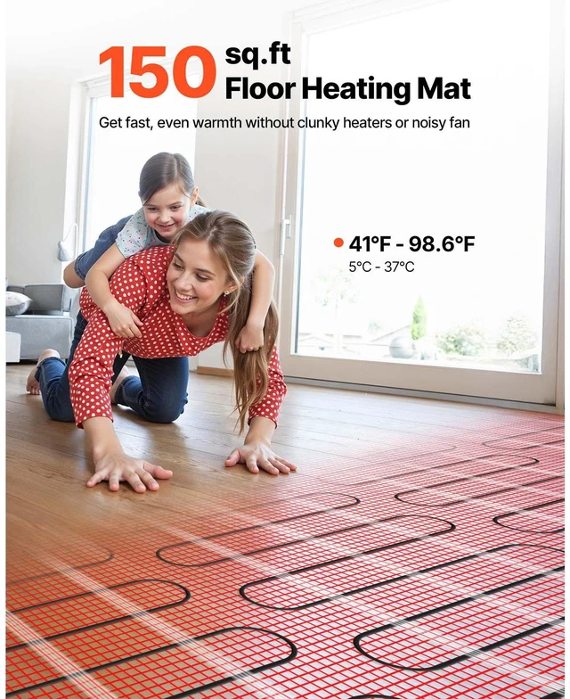 Alt view image 3 of 9 - VEVOR 150 sqft Self-Adhesive Mesh Floor Heating Mat 120V with Thermostat