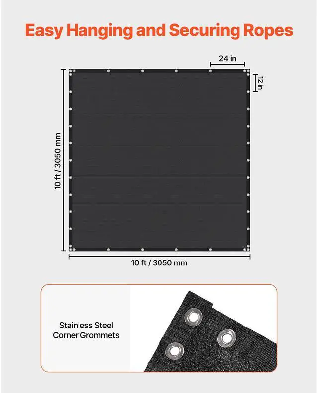 Alt view image 4 of 7 - 90% Sun Shade Cloth, 10 x 10 ft Pergola Shade Cover with Stainless Steel Grommets, Sun Shades Canopy Privacy Screen with 140 GSM HDPE Material, for Outdoor, Patio, Garden, and Backyard (Black)