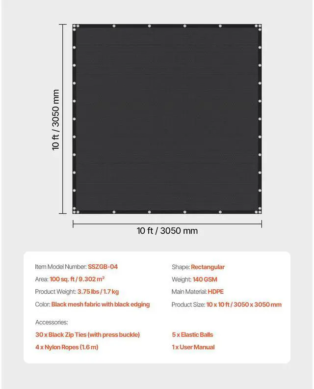 Alt view image 7 of 7 - 90% Sun Shade Cloth, 10 x 10 ft Pergola Shade Cover with Stainless Steel Grommets, Sun Shades Canopy Privacy Screen with 140 GSM HDPE Material, for Outdoor, Patio, Garden, and Backyard (Black)