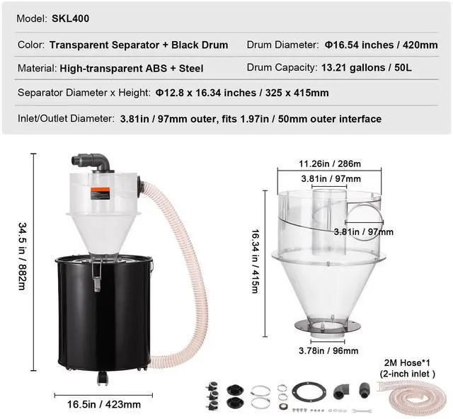 Alt view image 7 of 7 - VEVOR Cyclone Dust Separator w/ Tank Vacuum Cleaner Separator 4" for 13 Gal Tank