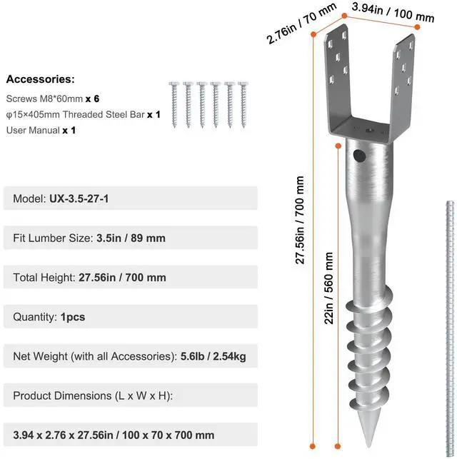 Alt view image 7 of 7 - No Dig Ground Anchor, 1 Pack 3.94 x 2.76 x 27.56 in DIY Screw in Post Stake, Includes 6 Lag Bolts & a Rebar, U-Shape Heavy Duty Steel Post Holder, Great for Mailbox Posts and Fence Posts