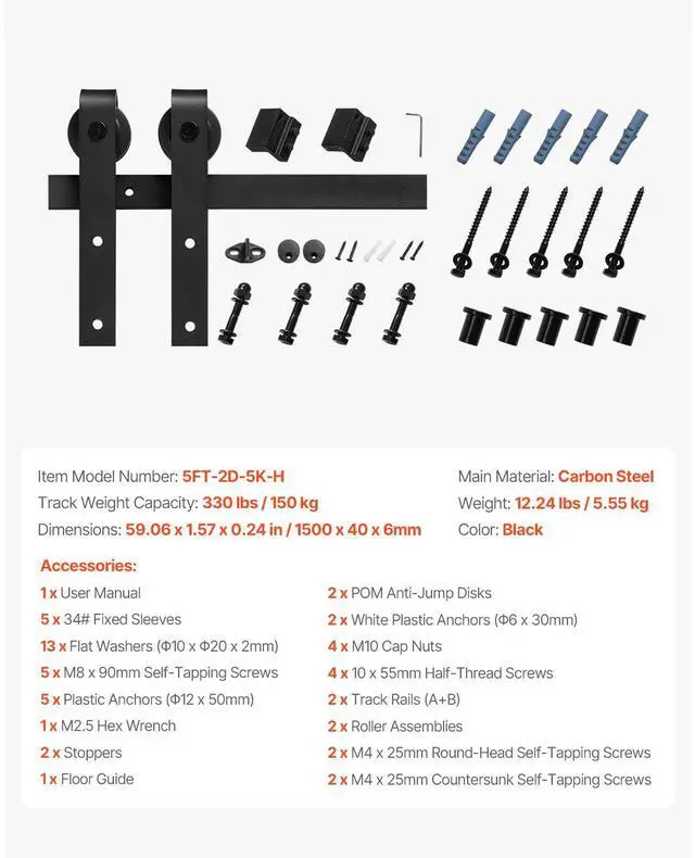 Alt view image 7 of 7 - VEVOR 5FT Sliding Barn Door Hardware Kit for Single Sliding Barn Door Black