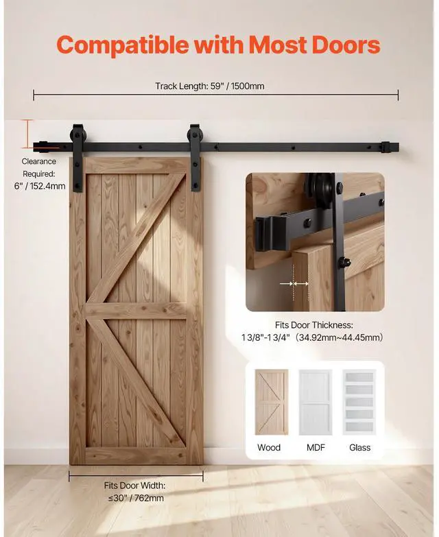 Alt view image 6 of 7 - VEVOR 5FT Sliding Barn Door Hardware Kit for Single Sliding Barn Door Black