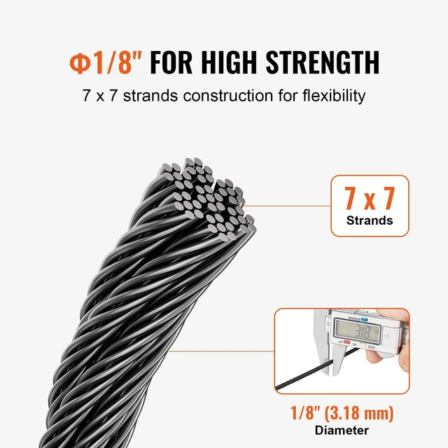 Alt view image 3 of 7 - Wire Rope Kit, 1/8" 500 ft 316 Stainless Steel Cable with Cutter and Gloves, 1600 lbs Breaking Strength, 7x7 Strands Core Marine Aircraft Grade for Handrail Stair Decking Fence Outdoors, Black