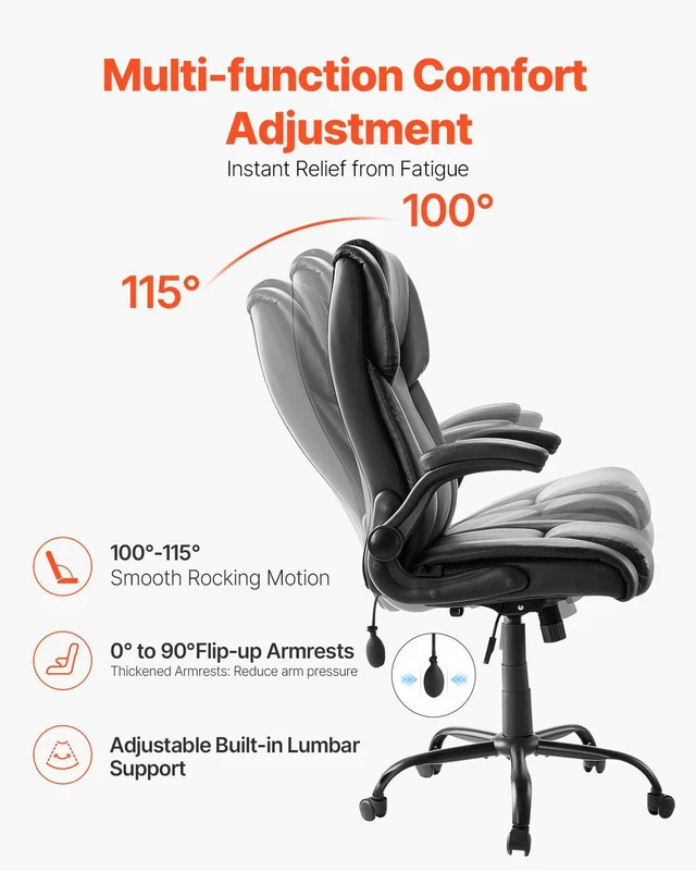 Alt view image 3 of 7 - Executive Office Chair with Lumbar Support, 300lb Capacity Office Chair with Flip-up Armrests & Lumbar Pillow, Height Adjustable Ergonomic Chair, PU Leather Reclining Home Office Desk Chairs