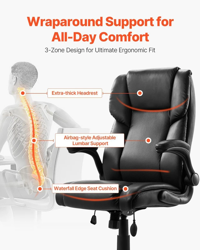 Alt view image 2 of 7 - Executive Office Chair with Lumbar Support, 300lb Capacity Office Chair with Flip-up Armrests & Lumbar Pillow, Height Adjustable Ergonomic Chair, PU Leather Reclining Home Office Desk Chairs