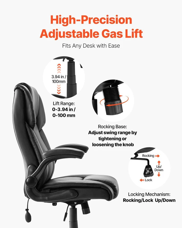 Alt view image 6 of 7 - Executive Office Chair with Lumbar Support, 300lb Capacity Office Chair with Flip-up Armrests & Lumbar Pillow, Height Adjustable Ergonomic Chair, PU Leather Reclining Home Office Desk Chairs