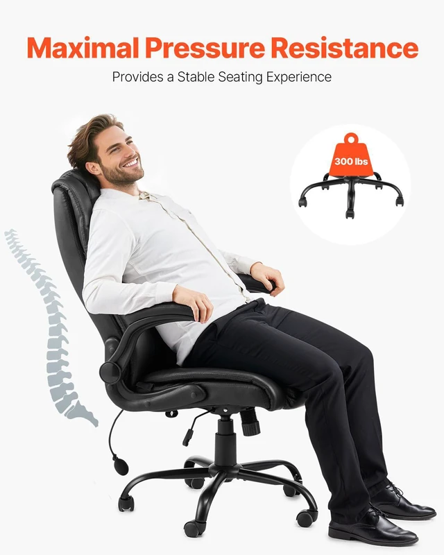 Alt view image 4 of 7 - Executive Office Chair with Lumbar Support, 300lb Capacity Office Chair with Flip-up Armrests & Lumbar Pillow, Height Adjustable Ergonomic Chair, PU Leather Reclining Home Office Desk Chairs