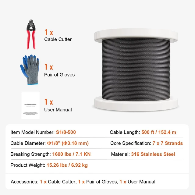 Alt view image 7 of 7 - Wire Rope Kit, 1/8" 500 ft 316 Stainless Steel Cable with Cutter and Gloves, 1600 lbs Breaking Strength, 7x7 Strands Core Marine Aircraft Grade for Handrail Stair Decking Fence Outdoors, Black