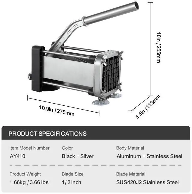 Alt view image 7 of 7 - VEVOR French Fry Cutter Stainless Steel Potato Vegetable Slicer Chopper w/ Blade