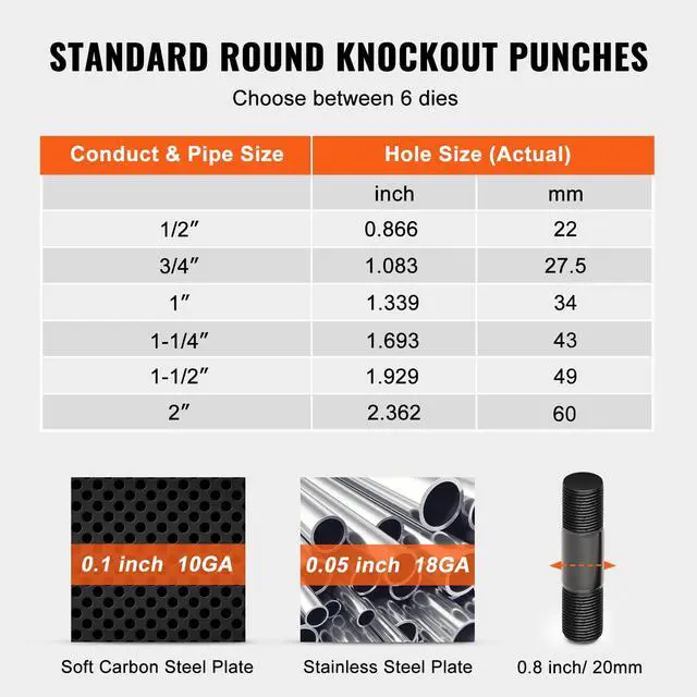 Alt view image 4 of 7 - 10 Ton Hydraulic Knockout Punch Kit, 1/2" to 2" Conduit Hole Cutter Set, KO Tool Kits with Puncher 6 Piece, Metal Sheet Driver Tools, For Aluminum, Brass, Stainless Steel, Fiberglass and Plastic