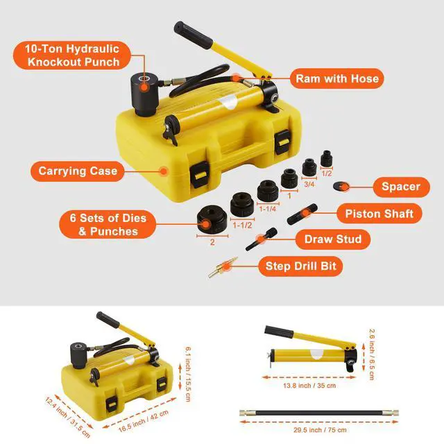 Alt view image 7 of 7 - 10 Ton Hydraulic Knockout Punch Kit, 1/2" to 2" Conduit Hole Cutter Set, KO Tool Kits with Puncher 6 Piece, Metal Sheet Driver Tools, For Aluminum, Brass, Stainless Steel, Fiberglass and Plastic