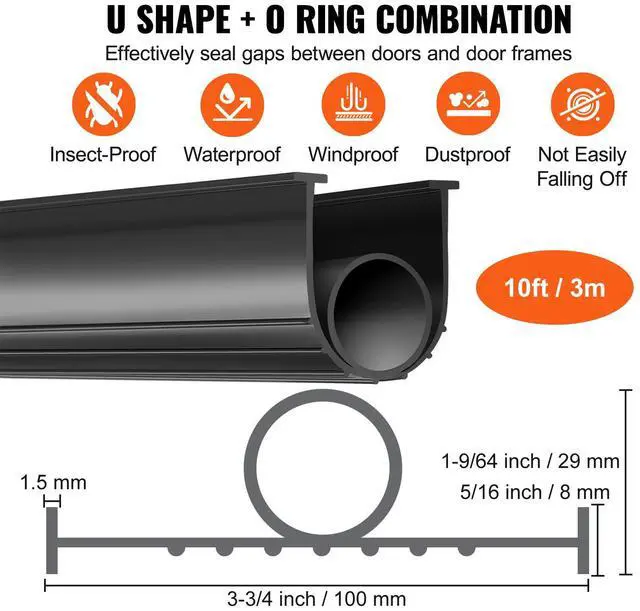 Alt view image 2 of 7 - Garage Door Seals Bottom Rubber, U Shape +O Ring Garage Door Weather Stripping, Universal Weatherproof Threshold Buffering Sealing Rubber , 5/16 inch T-ends and 3 3/4 inch Width (10 Ft, Black)