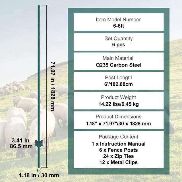 Alt view image 7 of 7 - 6 Feet Fence Post, 6 Pack U-Channel Heavy Duty Metal Fence Posts, Sturdy Steel Fence Stakes for Garden Yard, Lawn, Farms and Outdoor Wire Fencing, Green