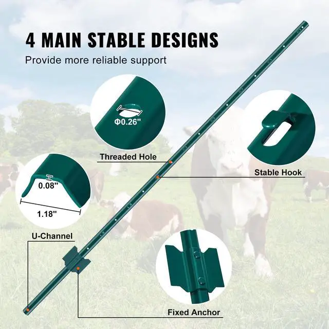 Alt view image 4 of 7 - 5 Feet Fence Post, 10 Pack U-Channel Heavy Duty Metal Fence Posts, Sturdy Steel Fence Stakes for Garden Yard, Lawn, Farms and Outdoor Wire Fencing, Green