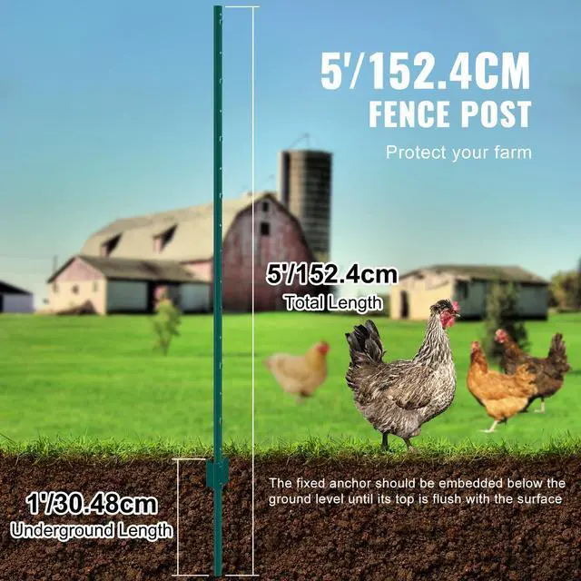 Alt view image 3 of 7 - 5 Feet Fence Post, 10 Pack U-Channel Heavy Duty Metal Fence Posts, Sturdy Steel Fence Stakes for Garden Yard, Lawn, Farms and Outdoor Wire Fencing, Green
