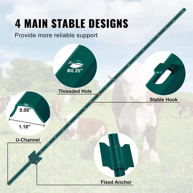 Alt view image 4 of 7 - 6 Feet Fence Post, 6 Pack U-Channel Heavy Duty Metal Fence Posts, Sturdy Steel Fence Stakes for Garden Yard, Lawn, Farms and Outdoor Wire Fencing, Green