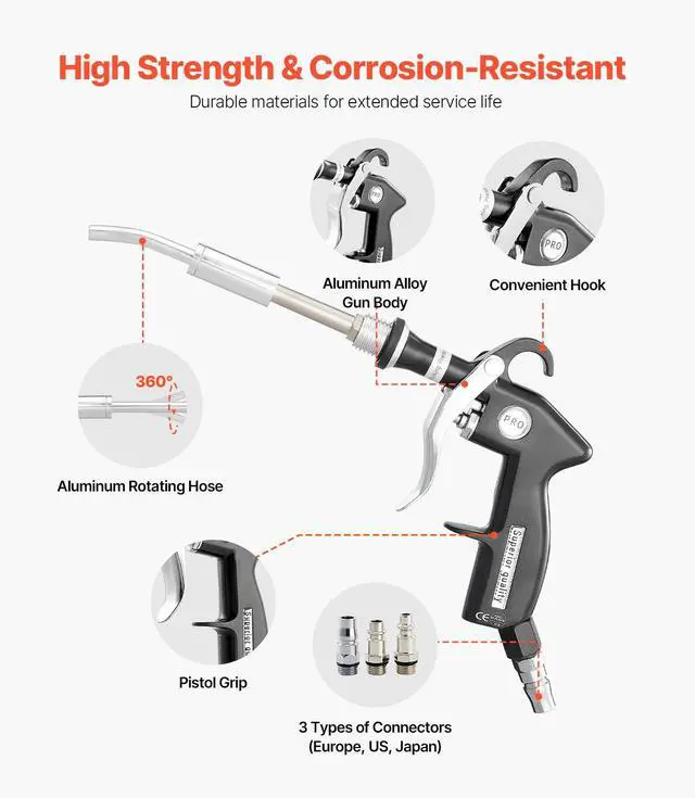 Alt view image 4 of 7 - Car Cleaning Gun, 6-9.2 Bar High-Pressure Air Blow Gun with 2 Set Nozzles, 360° Rotating Nozzle for Complete Cleaning, Quickly Blasts Dirt and Dust from Surface, Work with 1/4 NPT Air Compressor