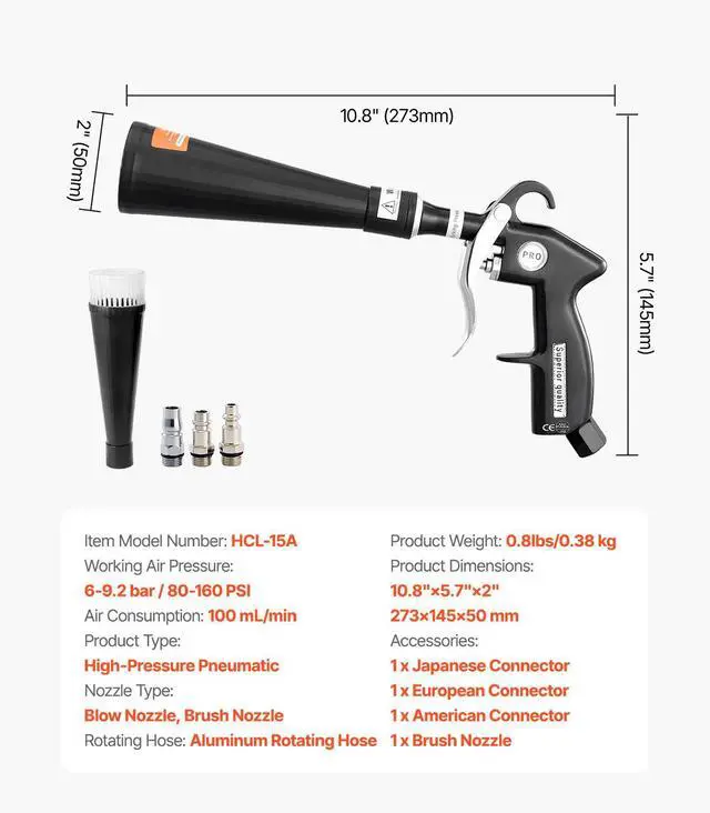 Alt view image 7 of 7 - Car Cleaning Gun, 6-9.2 Bar High-Pressure Air Blow Gun with 2 Set Nozzles, 360° Rotating Nozzle for Complete Cleaning, Quickly Blasts Dirt and Dust from Surface, Work with 1/4 NPT Air Compressor