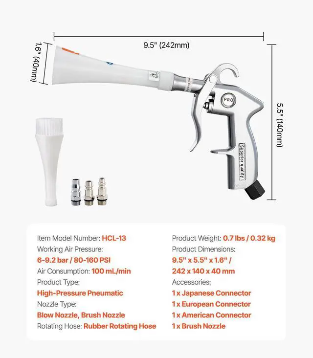 Alt view image 7 of 7 - Car Cleaning Gun, 6-9.2 Bar High-Pressure Air Blow Gun with 2 Set Nozzles, 360° Rotating Nozzle for Thorough Cleaning, Quickly Blasts Dirt and Dust from Surface, Work with 1/4 NPT Air Compressor