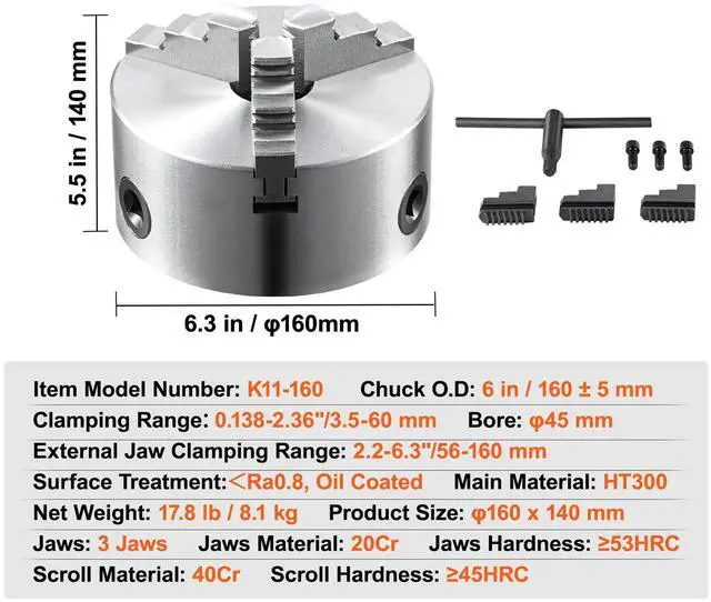 Alt view image 7 of 7 - 3-Jaw Lathe Chuck, 6'', Self-Centering Lathe Chuck, 0.14- 6.3 in/3.5-160 mm Clamping Range with T-key Fixing Screws Reversible Jaws, for Lathe 3D Printer Machining Center Milling Drilling Machin