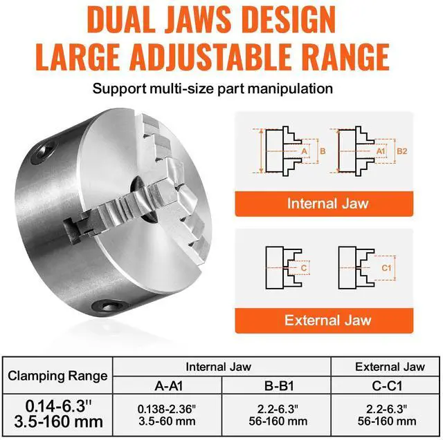Alt view image 4 of 7 - 3-Jaw Lathe Chuck, 6'', Self-Centering Lathe Chuck, 0.14- 6.3 in/3.5-160 mm Clamping Range with T-key Fixing Screws Reversible Jaws, for Lathe 3D Printer Machining Center Milling Drilling Machin