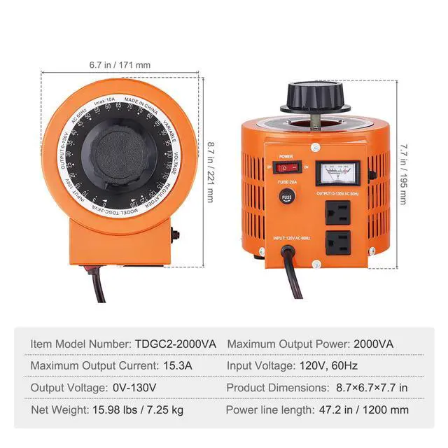 Alt view image 7 of 7 - 2000VA Auto Variable Voltage Transformer, 15.3 Amp, 110V Input 0-130V Output AC Voltage Regulator Power Supply, with 4 Extra Fuses Thermal Control Switch for Home Industrial Office