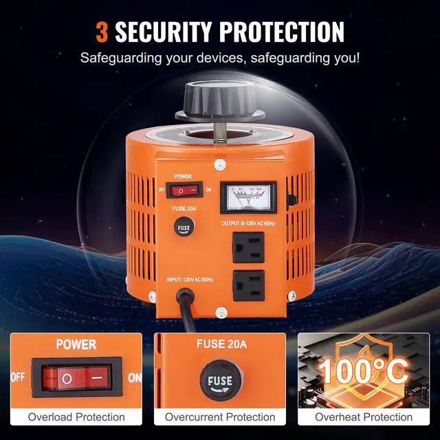 Alt view image 4 of 7 - 2000VA Auto Variable Voltage Transformer, 15.3 Amp, 110V Input 0-130V Output AC Voltage Regulator Power Supply, with 4 Extra Fuses Thermal Control Switch for Home Industrial Office